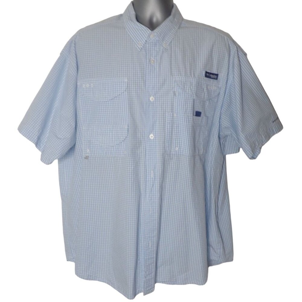 Columbia Men's Super Bonehead Shirt XL Blue Checkered Short Sleeve Fishing Omni-